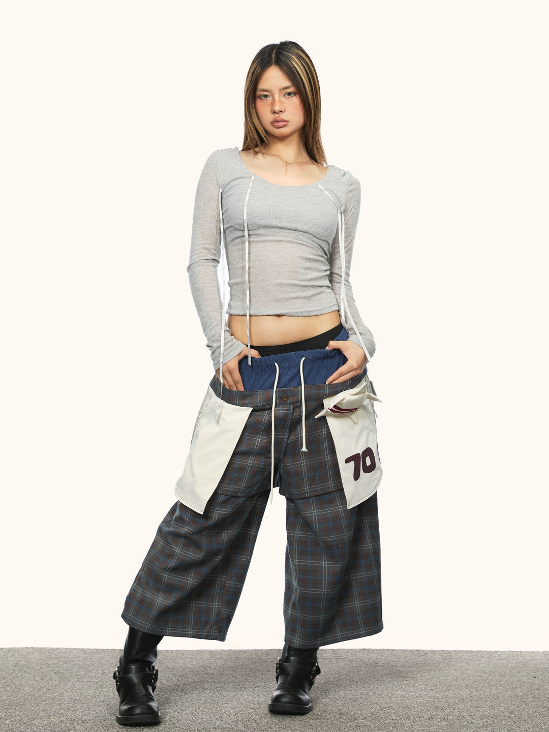 Retro Plaid Patchwork Wide-Leg Pants
