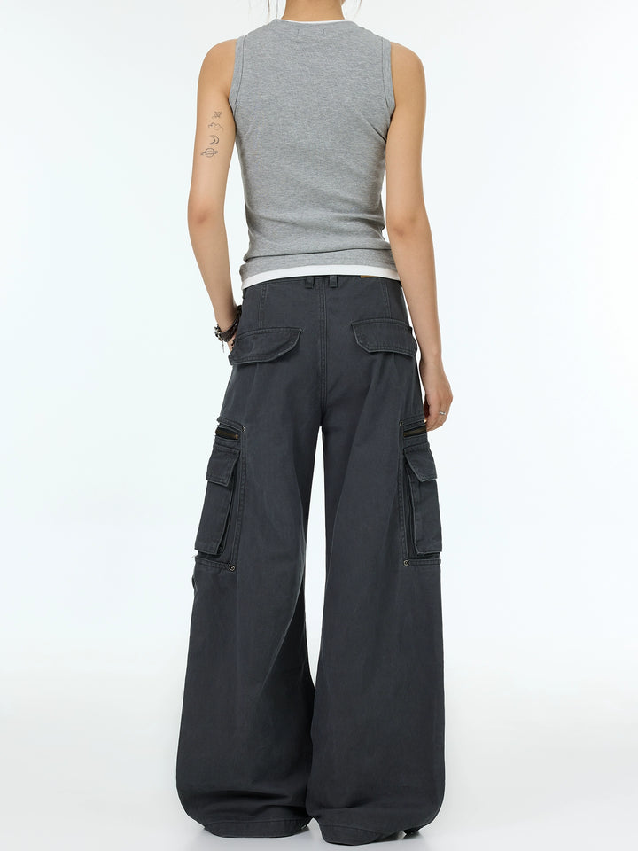 Pantalones cargo casual de campana con múltiples bolsillos 