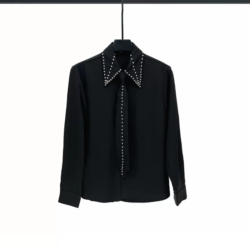 Studded Tie Accent Long Sleeve Shirt