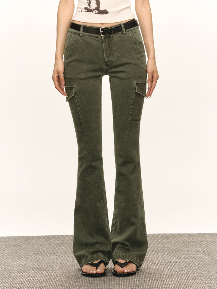 Retro Gewassen Slim Flare Cargo Broek 
