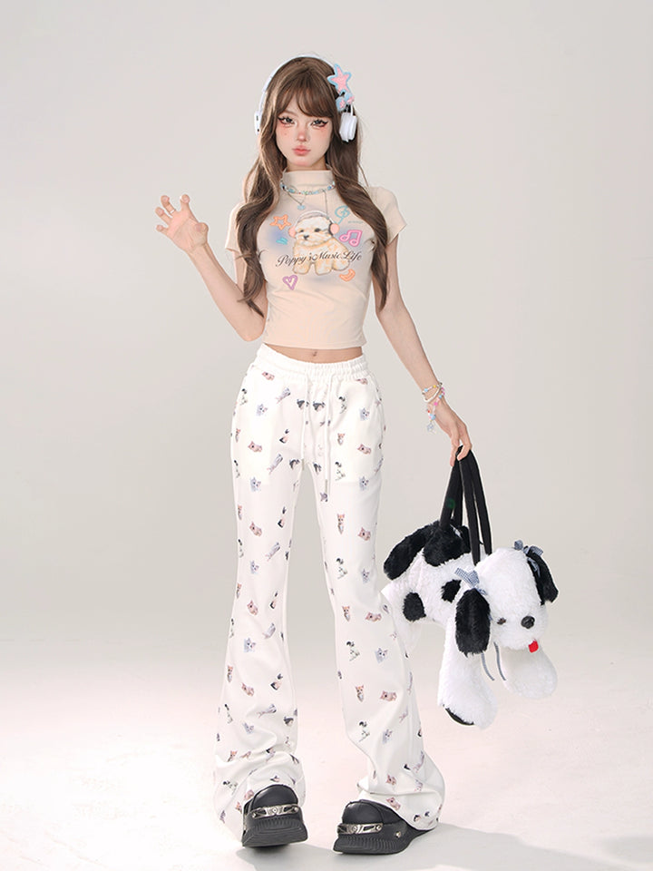 Cat Print Elastic Waist Flared Pants