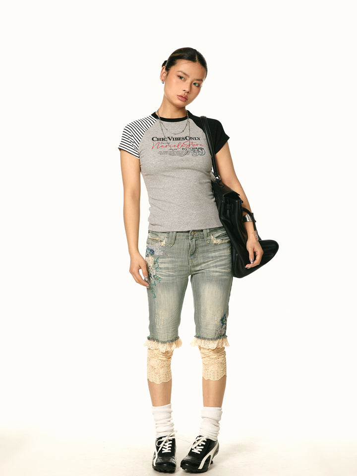 Retro Contrast Stitch Print T-shirt