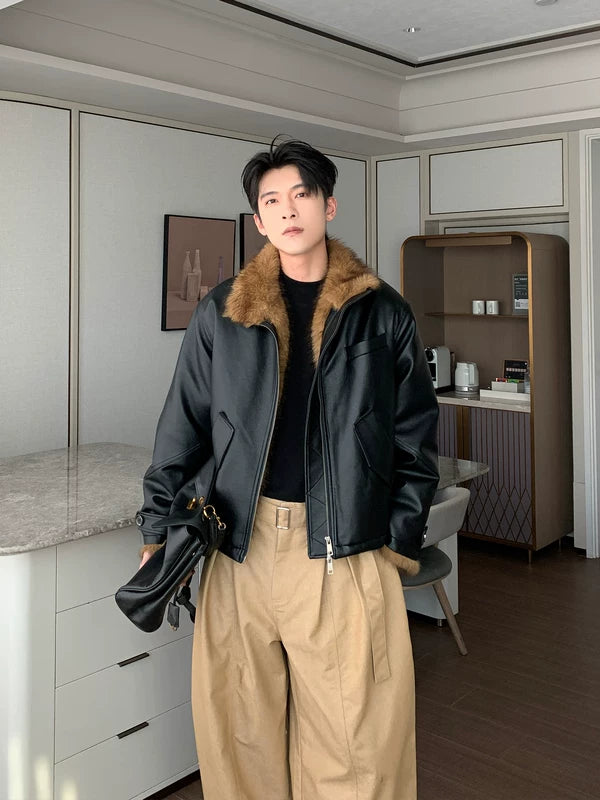 Faux Fur Collar Leather Motorcycle Jacket
