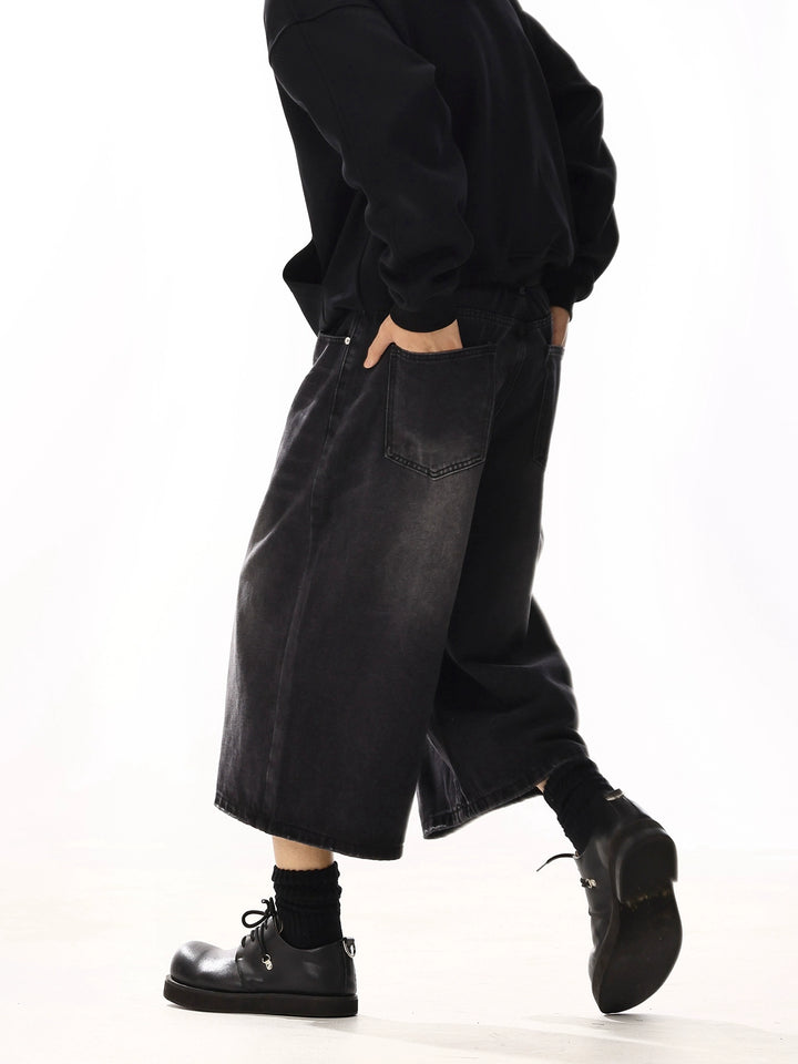 Loose Fit Washed Denim Wide Leg Shorts