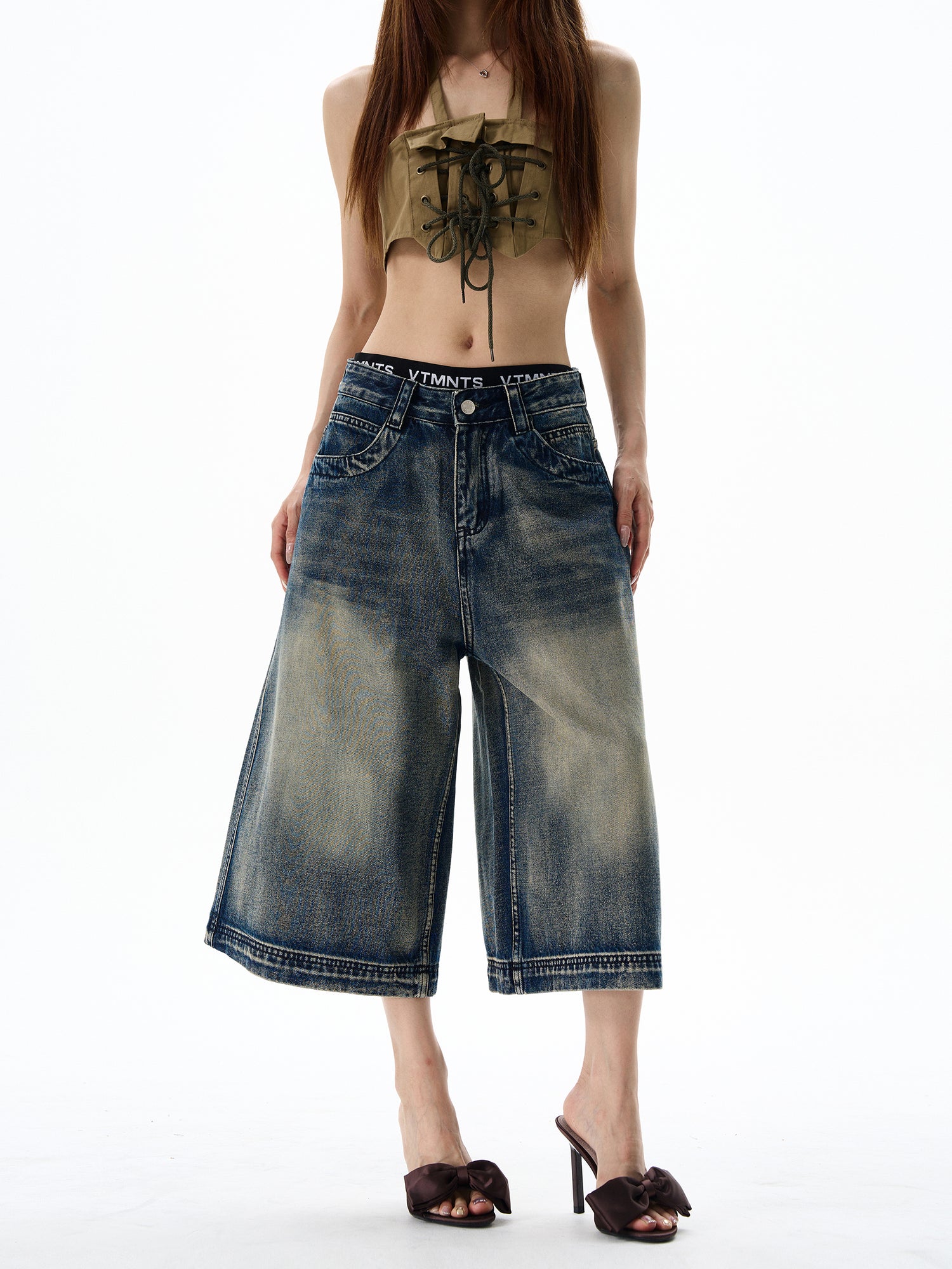 Wide-Leg Cropped Denim Shorts