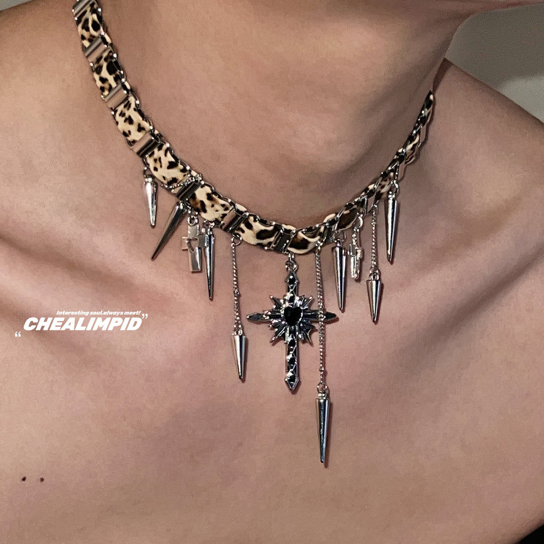 Leopard Print Rivet Cross Choker