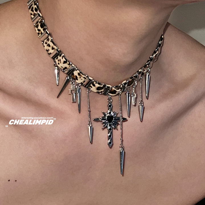 Leopard Print Rivet Cross Choker