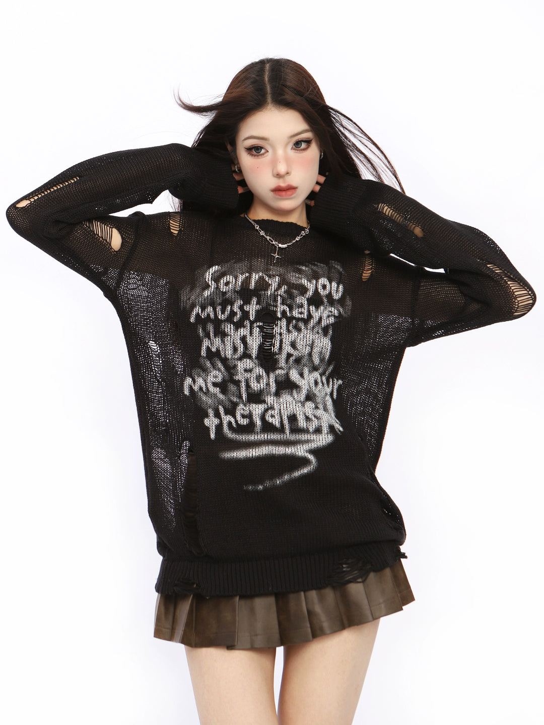 Distressed Hollow Knit Långärmad Cardigan 