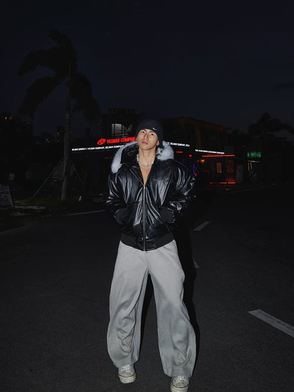 Retro huva läderjacka med pälskrage 