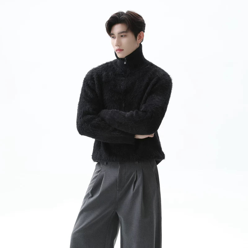 Stand Collar Half-Zip Fleece Knit Sweater