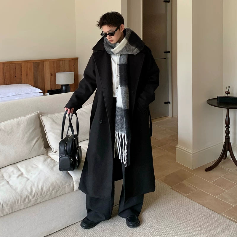 معطف ترينش طويل من الصوف يصل إلى ما فوق الركبة 