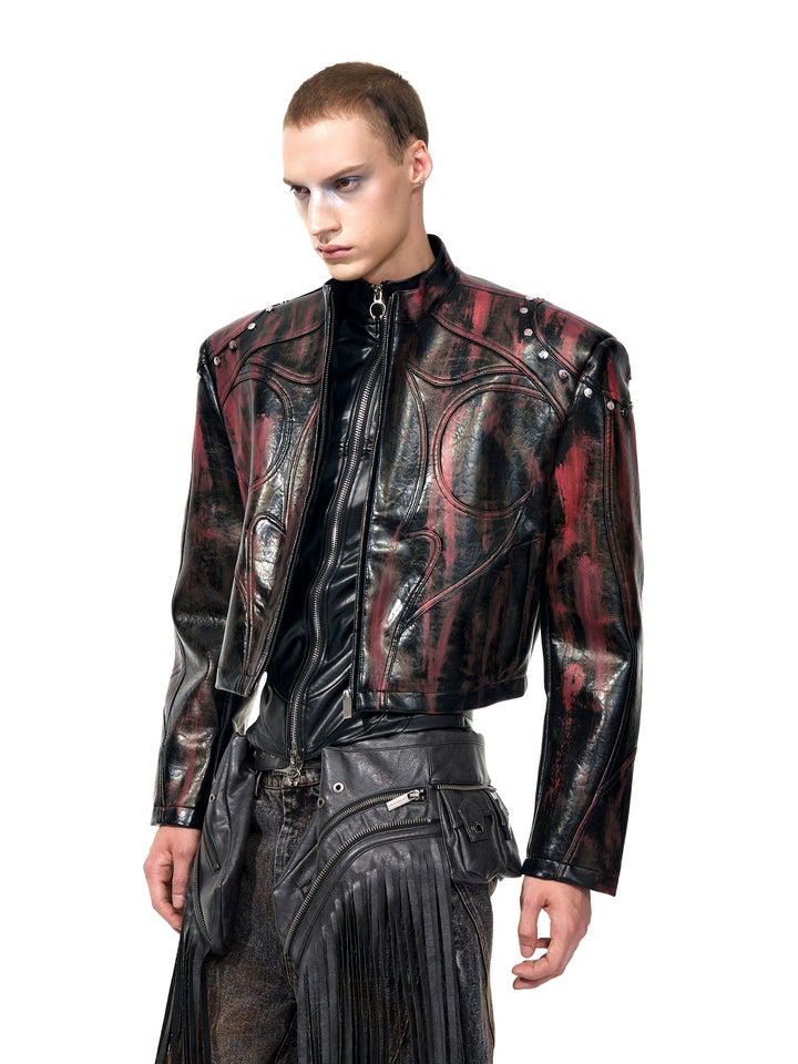 Chaqueta de motocicleta de cuero con cuello alzado y remaches 