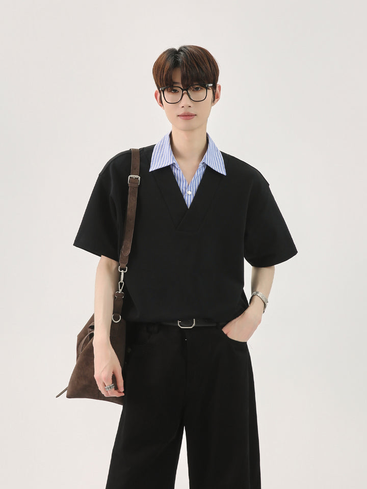 Loose V-Neck Patchwork Shirt
