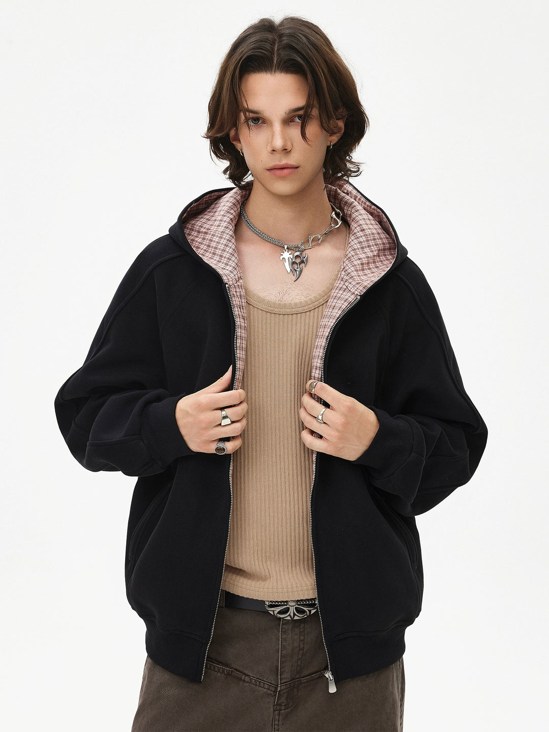 Plaid Lined Zip Up Hooded Sweatshirt