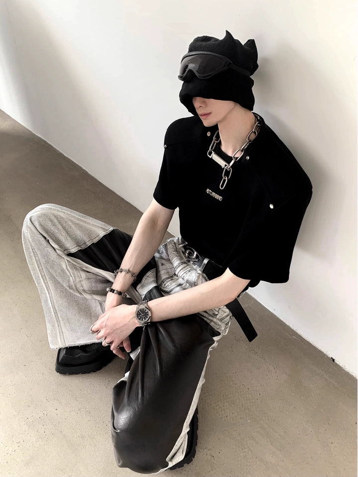 Metal Rivet Shoulder Pad Short Sleeve Pullover