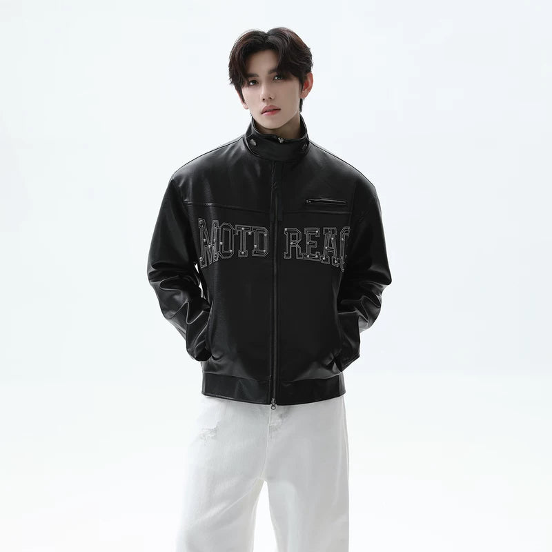 Studded Letter Leather Stand Collar Jacket