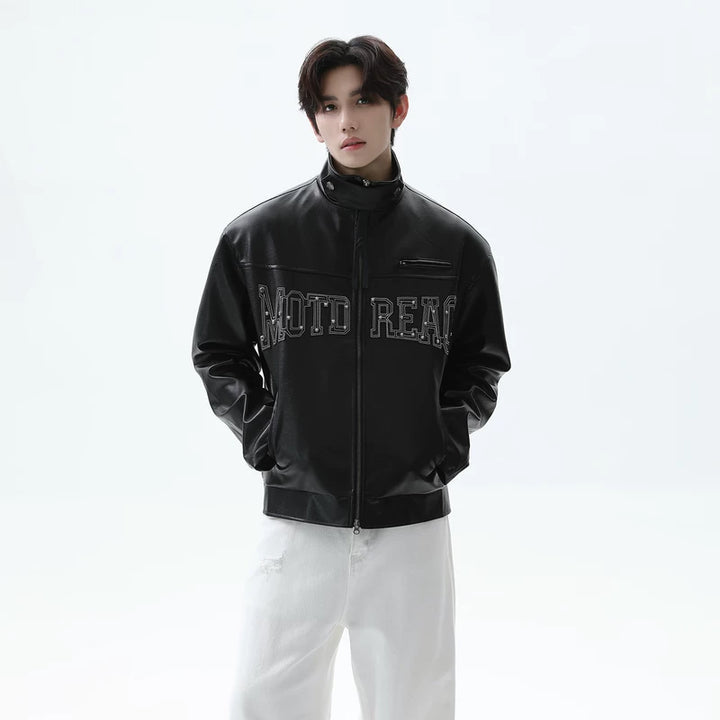 Studded Letter Leather Stand Collar Jacket