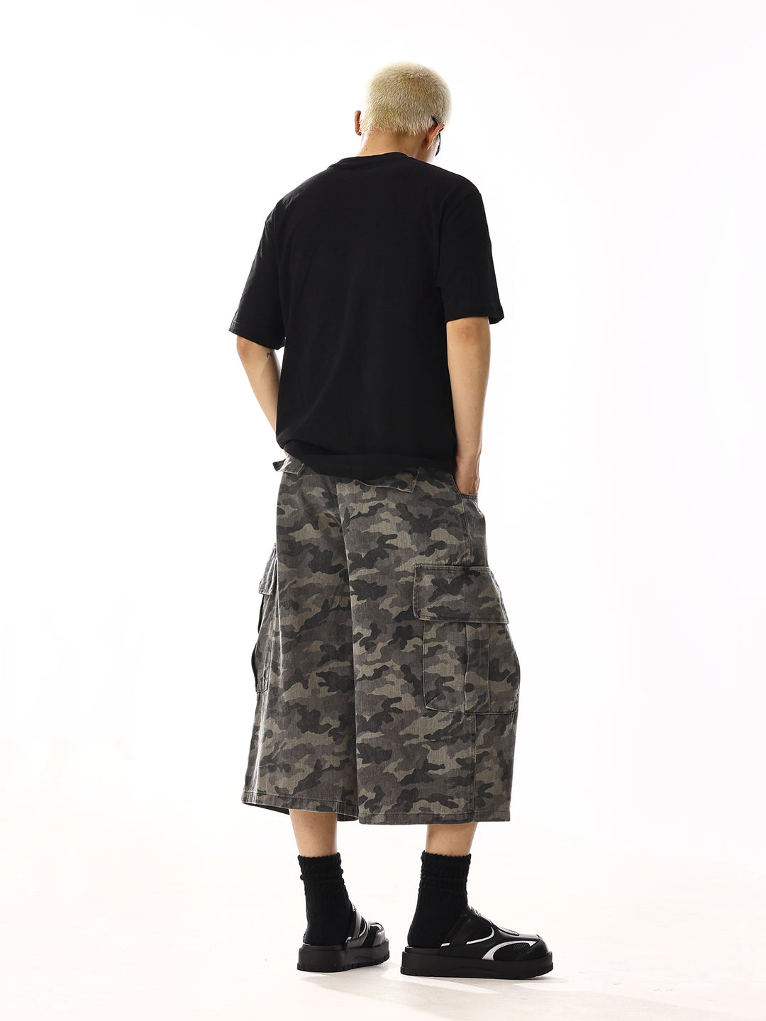 Camouflage Wide-Leg Denim Cargo Pants