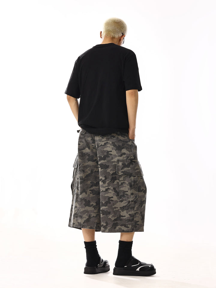 Camouflage Wide-Leg Denim Cargo Pants