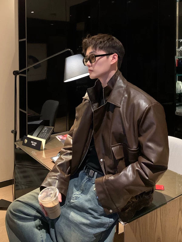 Veste de moto en cuir PU rétro avec col montant 