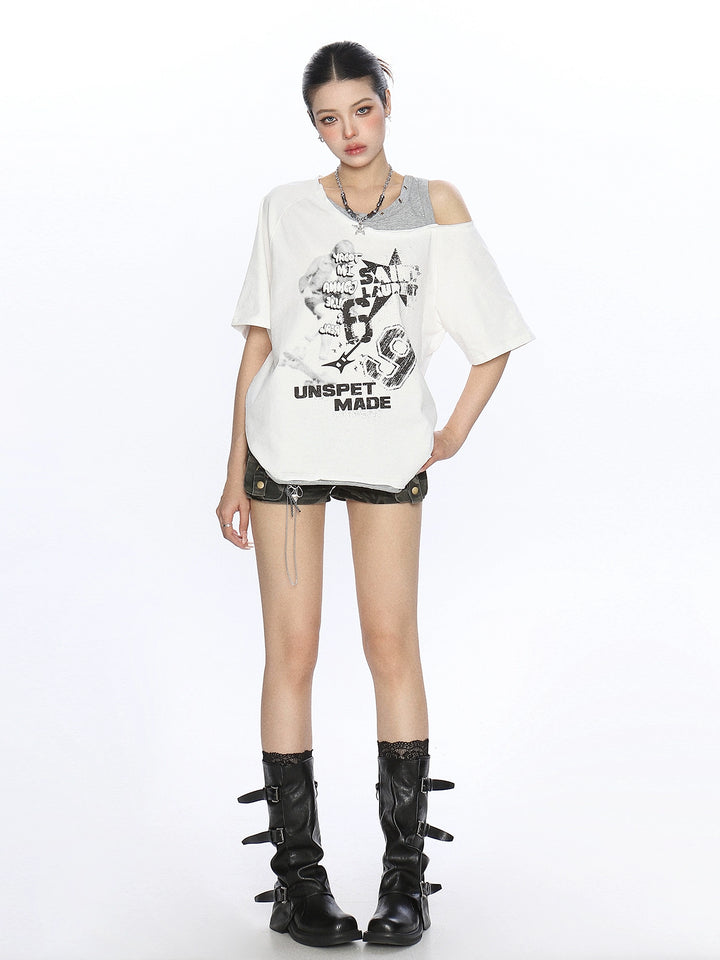 Σετ T-Shirt με εκτύπωση Γκράφιτι και ανοιχτούς ώμους 