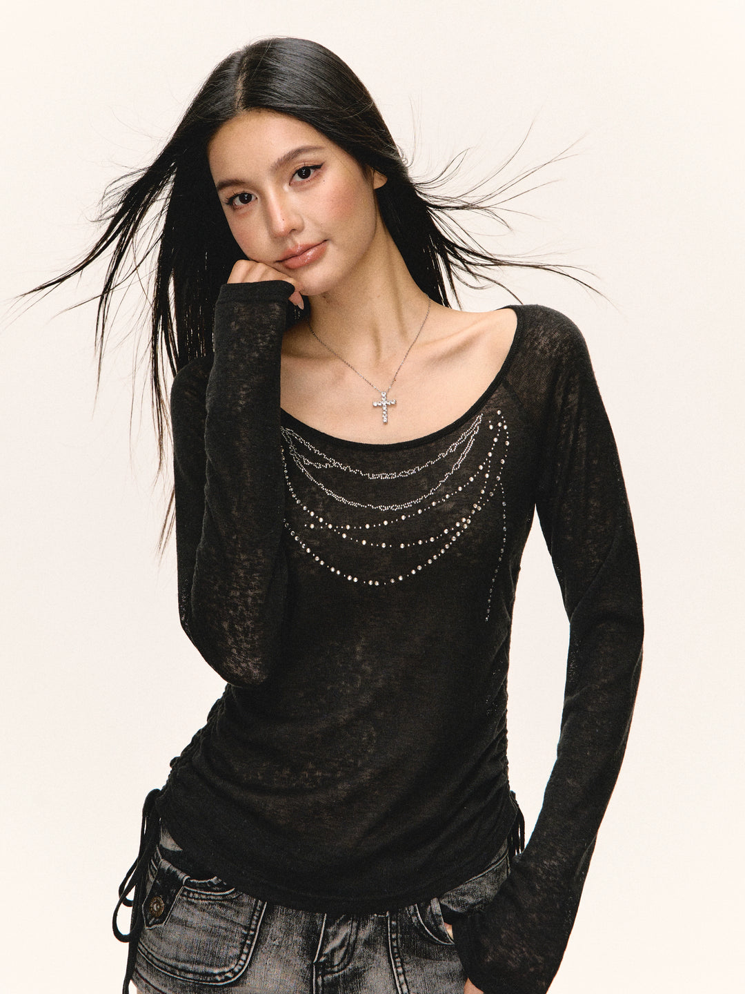 Sheer Long Sleeve Scoop Neck Top