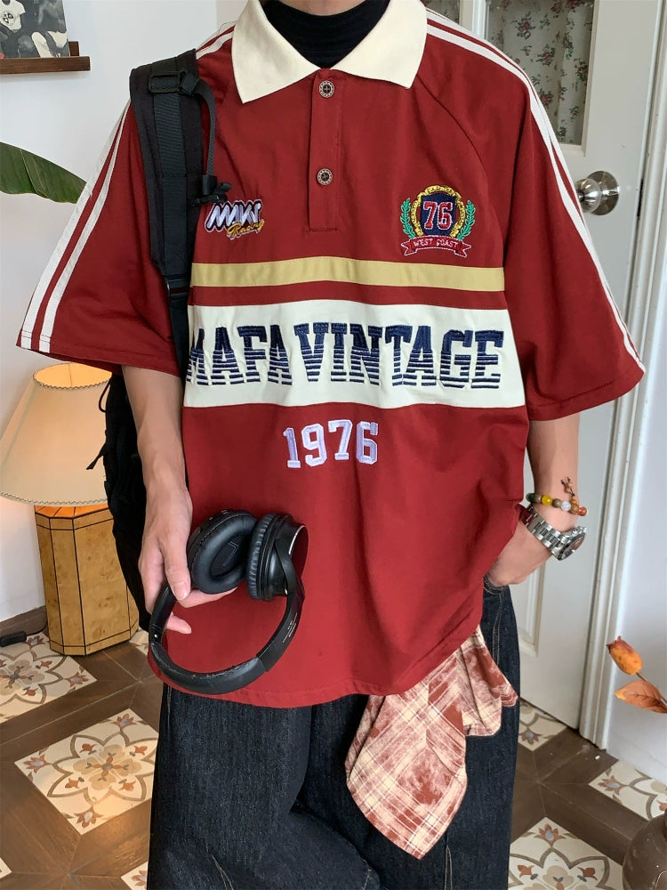 قميص بولو مطرز بتصميم ريترو بحجم واسع 