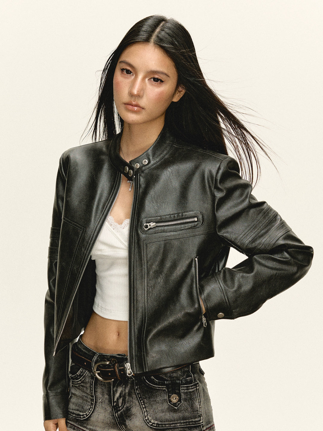 PU Leather Short Zip-Up Jacket