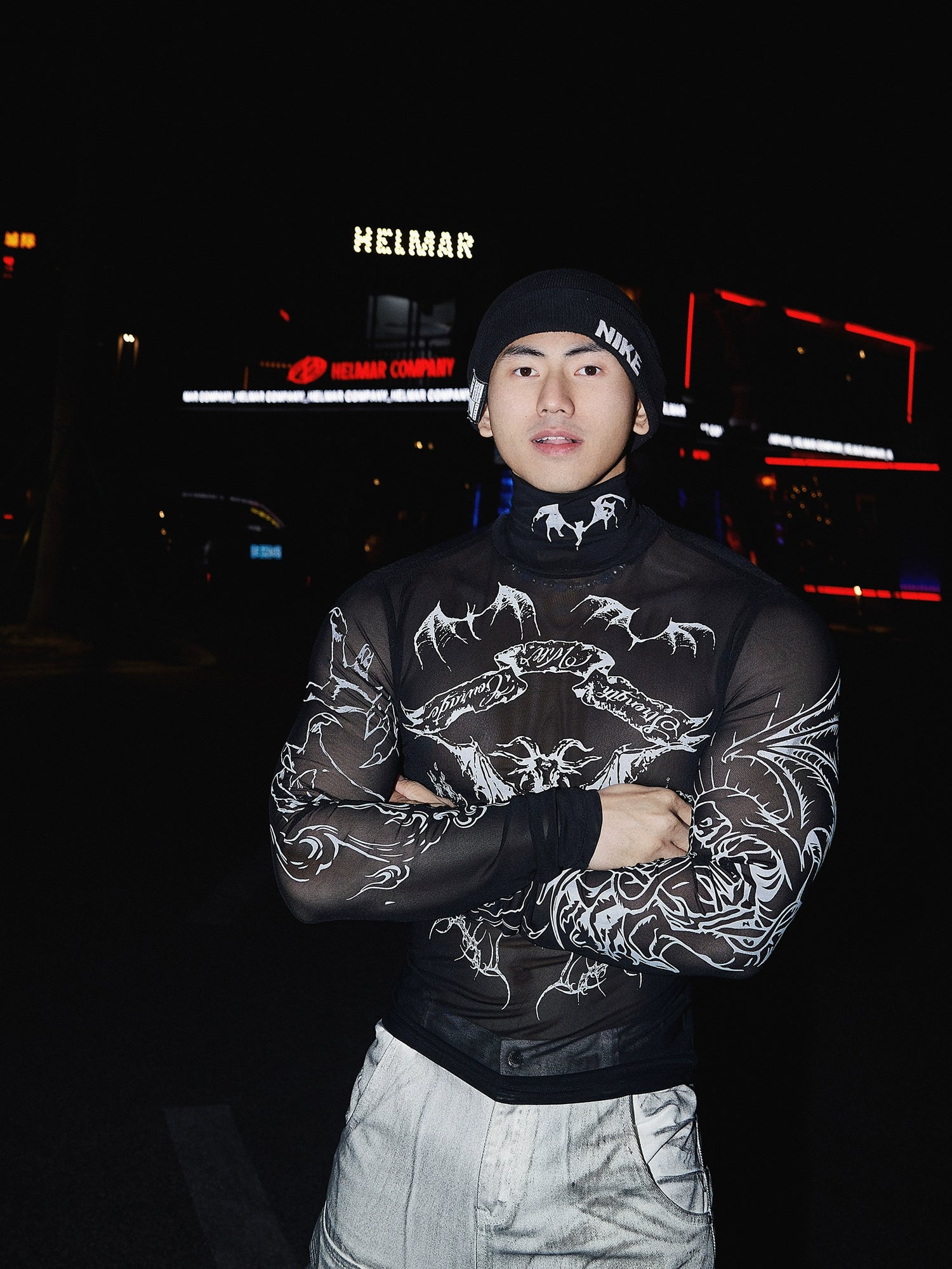 Durchsichtiger Mesh-Gothic-Tattoo-Druck-Pullover 