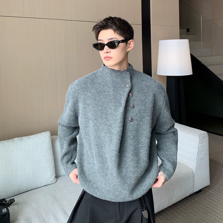 Suéter de Tricô com Botão Diagonal Pregueado Irregular 