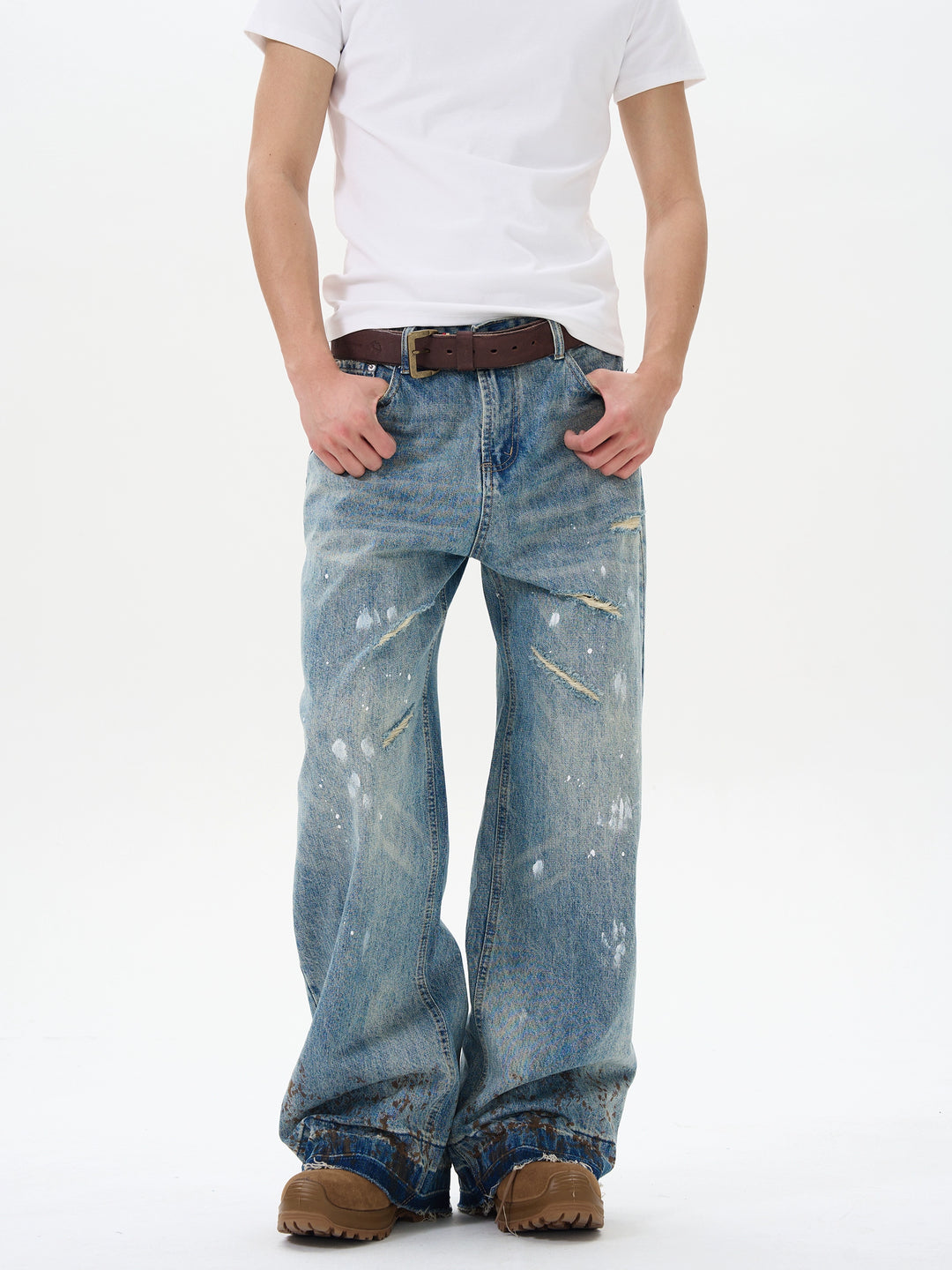 Calças de Denim com Manchas de Tinta de Perna Larga 