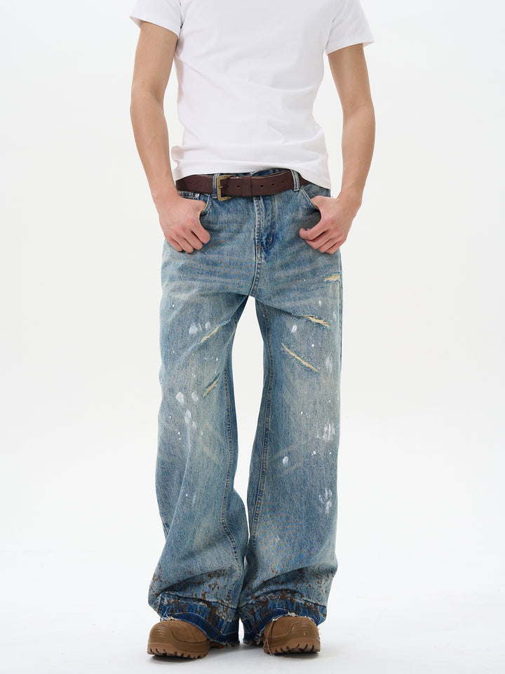 Calças de Denim com Manchas de Tinta de Perna Larga 