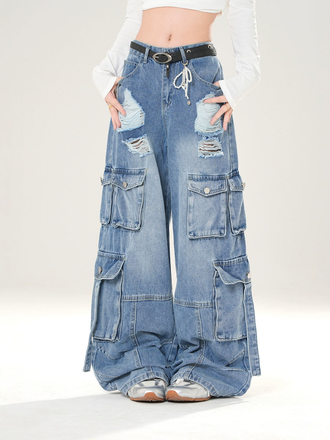 Wide Leg Ripped Cargo Denim Pants