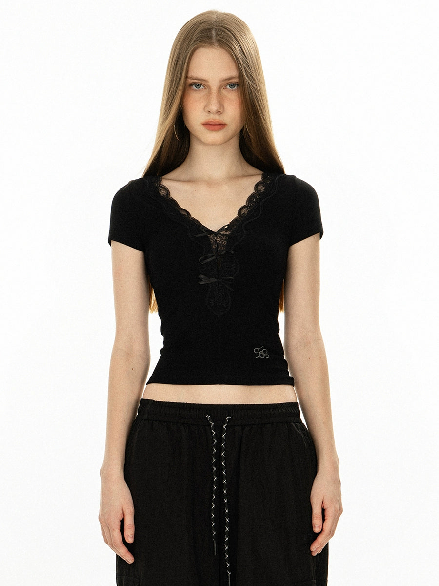 V-neck Lace Trim Embroidered Short Sleeve Top