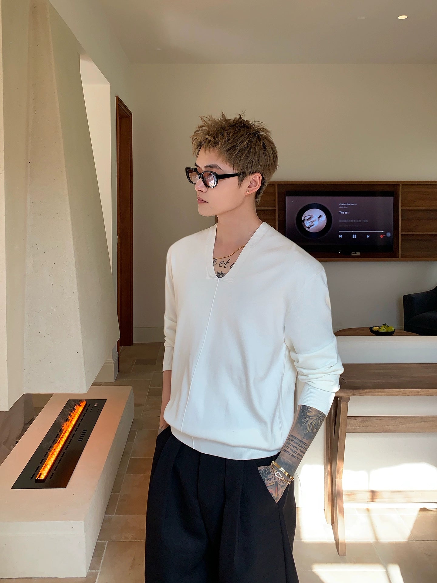 V-Yaka Örgü Uzun Kollu Kazak 