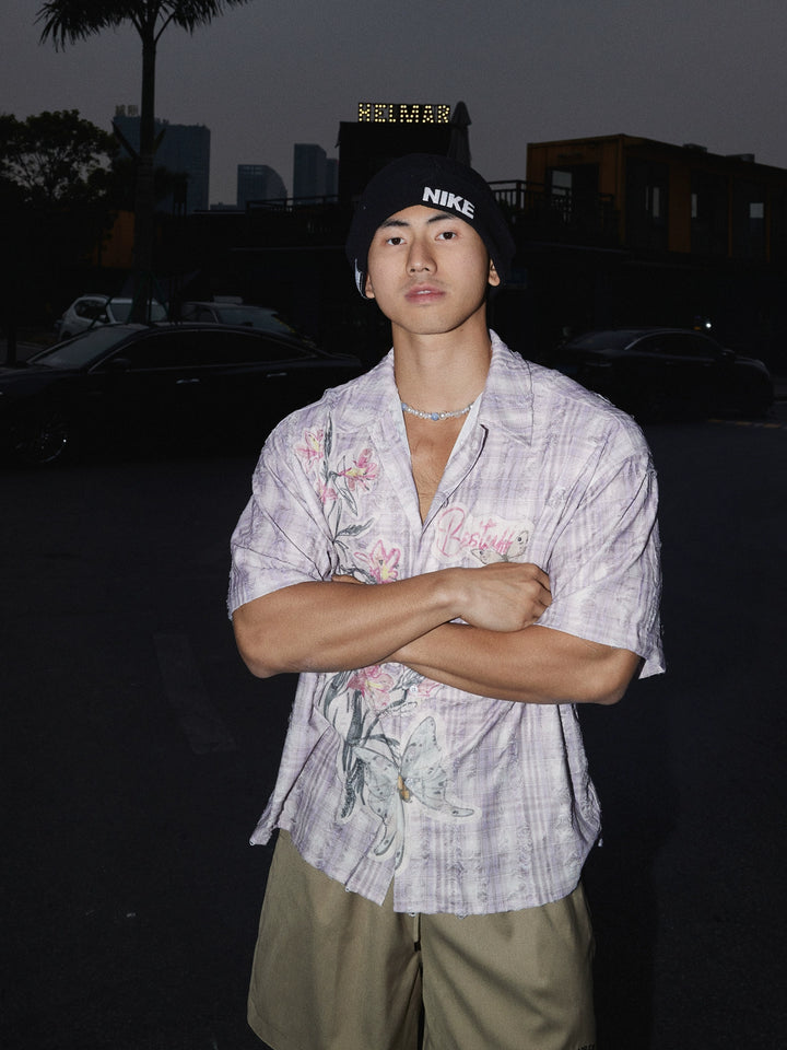 Distressed Floral Beach Short Sleeve Shirt