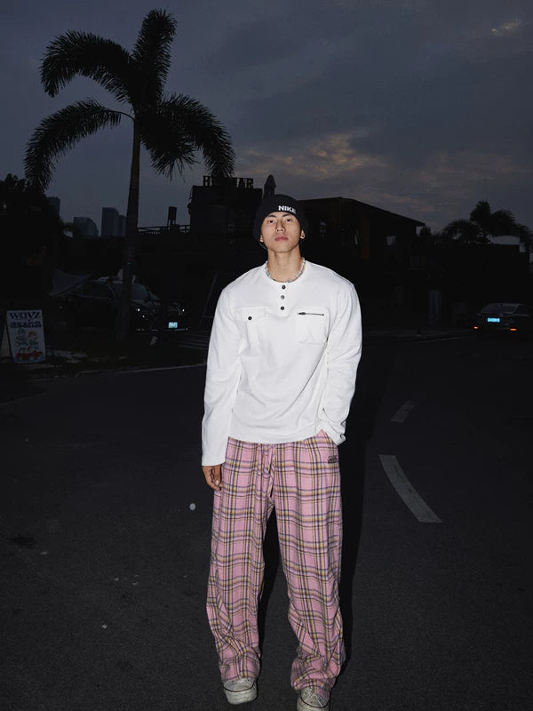 Camiseta de manga larga Henley con doble bolsillo 