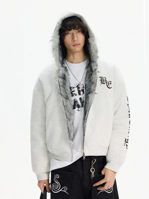 Hoodie avec col en fourrure brodé gothique 