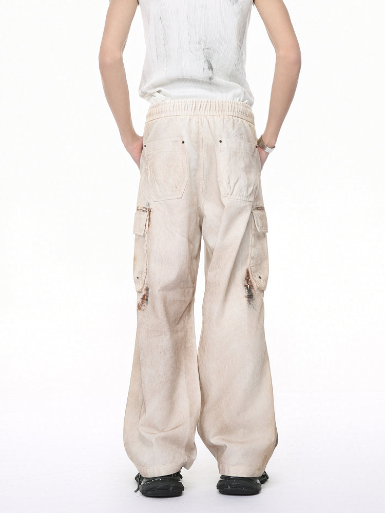 Pantalones de trabajo con cintura elástica en estilo retro desgastado 