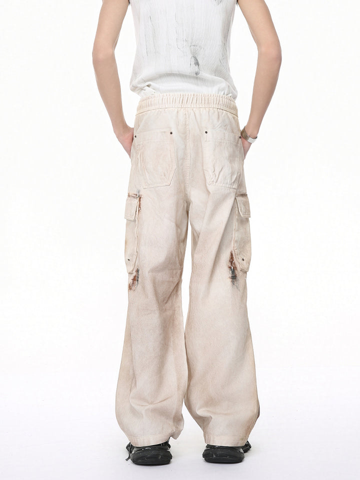 Pantalones de trabajo con cintura elástica en estilo retro desgastado 