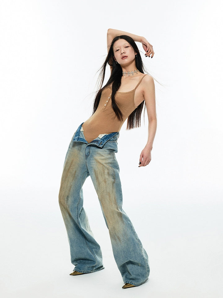 Retro Washed Wide-Leg Straight Jeans