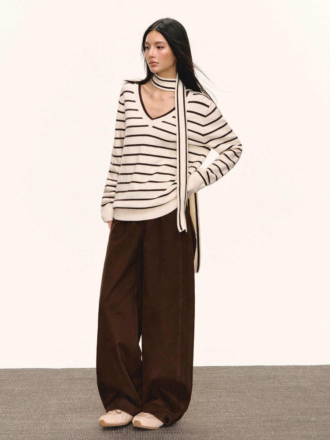 Striped V-Neck Knit Sweatshirt