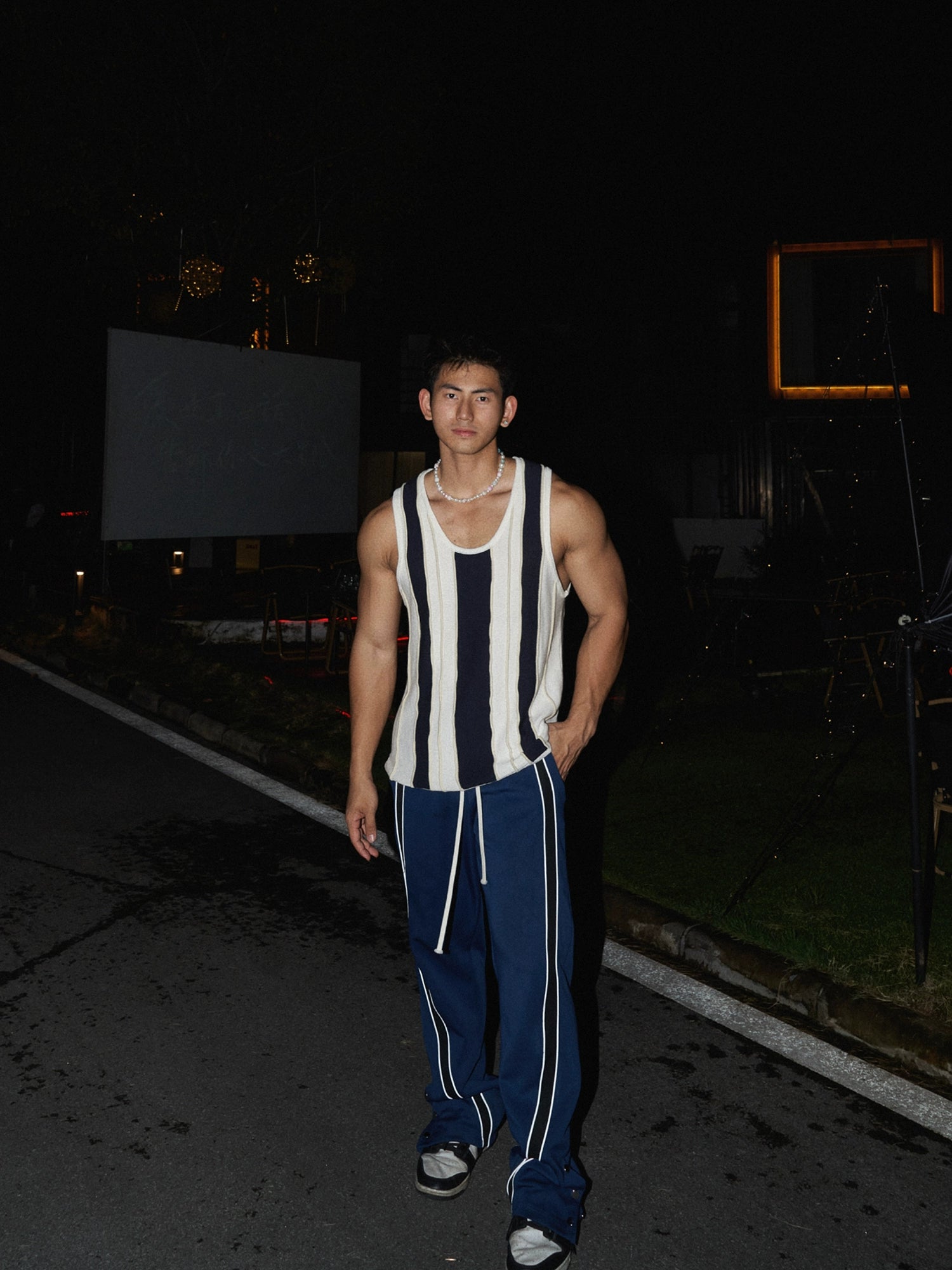 세로 줄무늬 울 캐주얼 조끼 