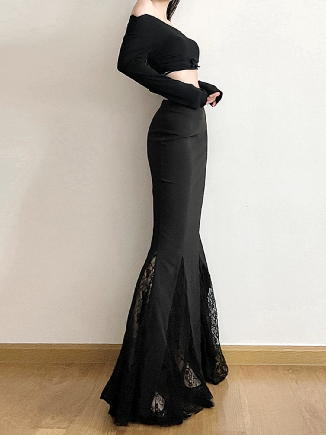 Lace Splice High Waist Fishtail Skirt
