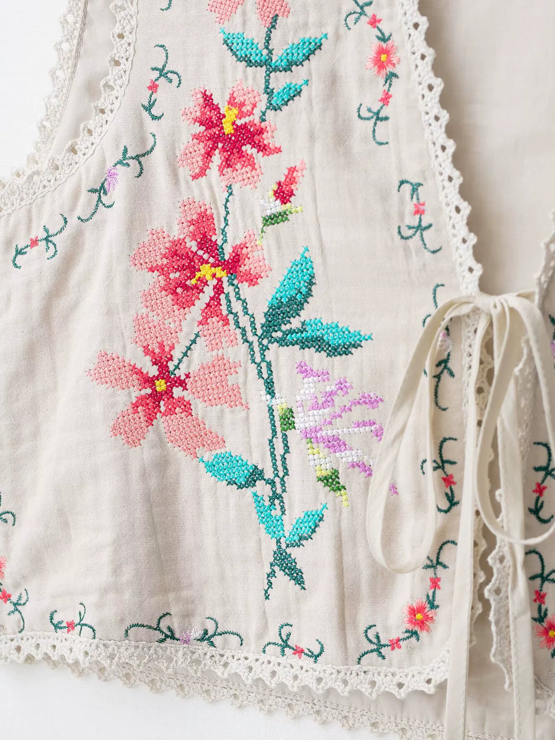 Cotton Floral Embroidered Tie Front Vest