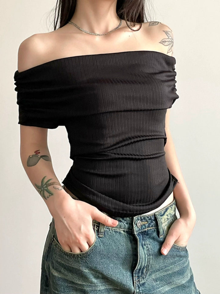 Slim Fit Off Shoulder Ribbed-knit Top