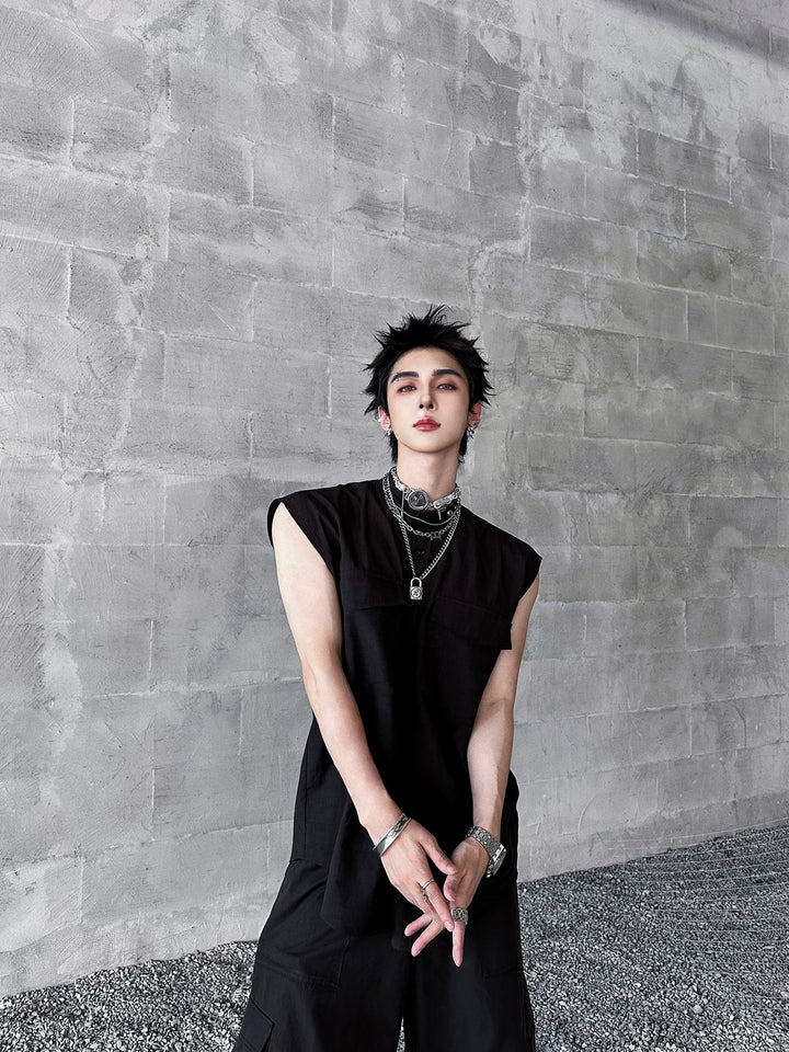 Sleeveless Button-Down Utility Street Vest