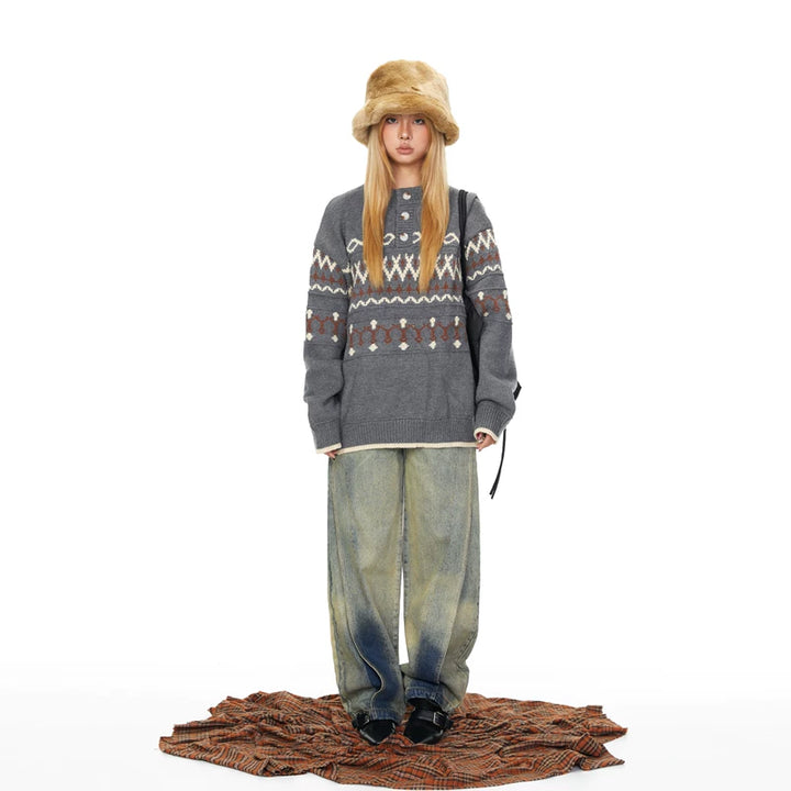 Henley Collar Striped Knit Sweater