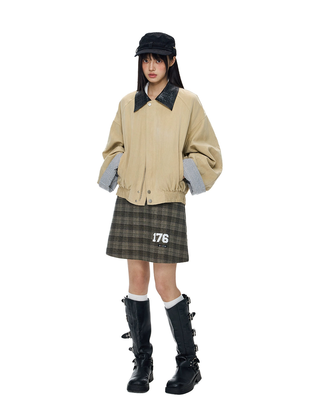 Leather Lapel Plaid Stitching Jacket