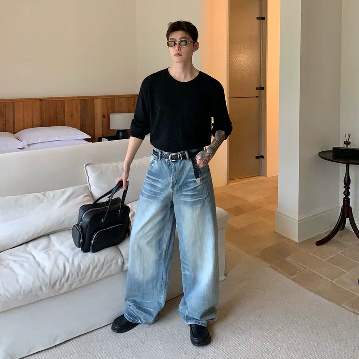 Bamboe Textuur Versleten Losse Rechte Jeans 